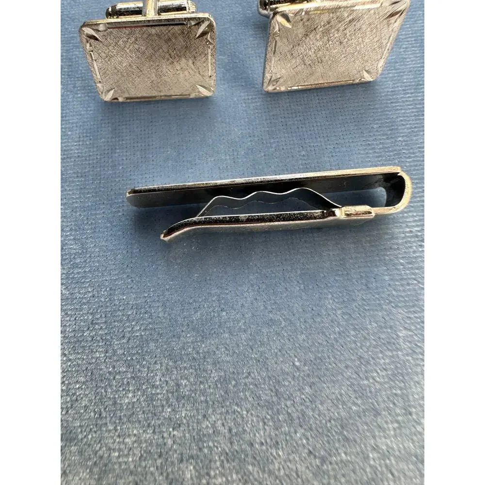 Vintage Signed Sterling Silver Cufflinks Tie Clip Set Bark Textured